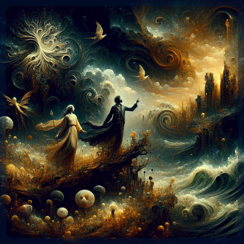 Surreal Landscape with Ethereal Figures and Vibrant Sky