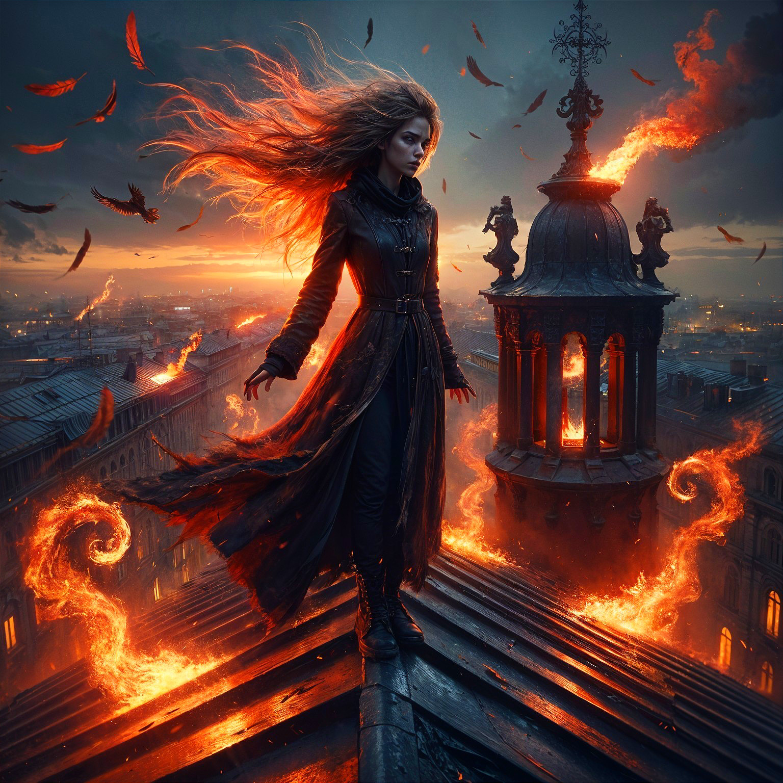 Mysterious Figure on Rooftop Amidst Fiery Cityscape