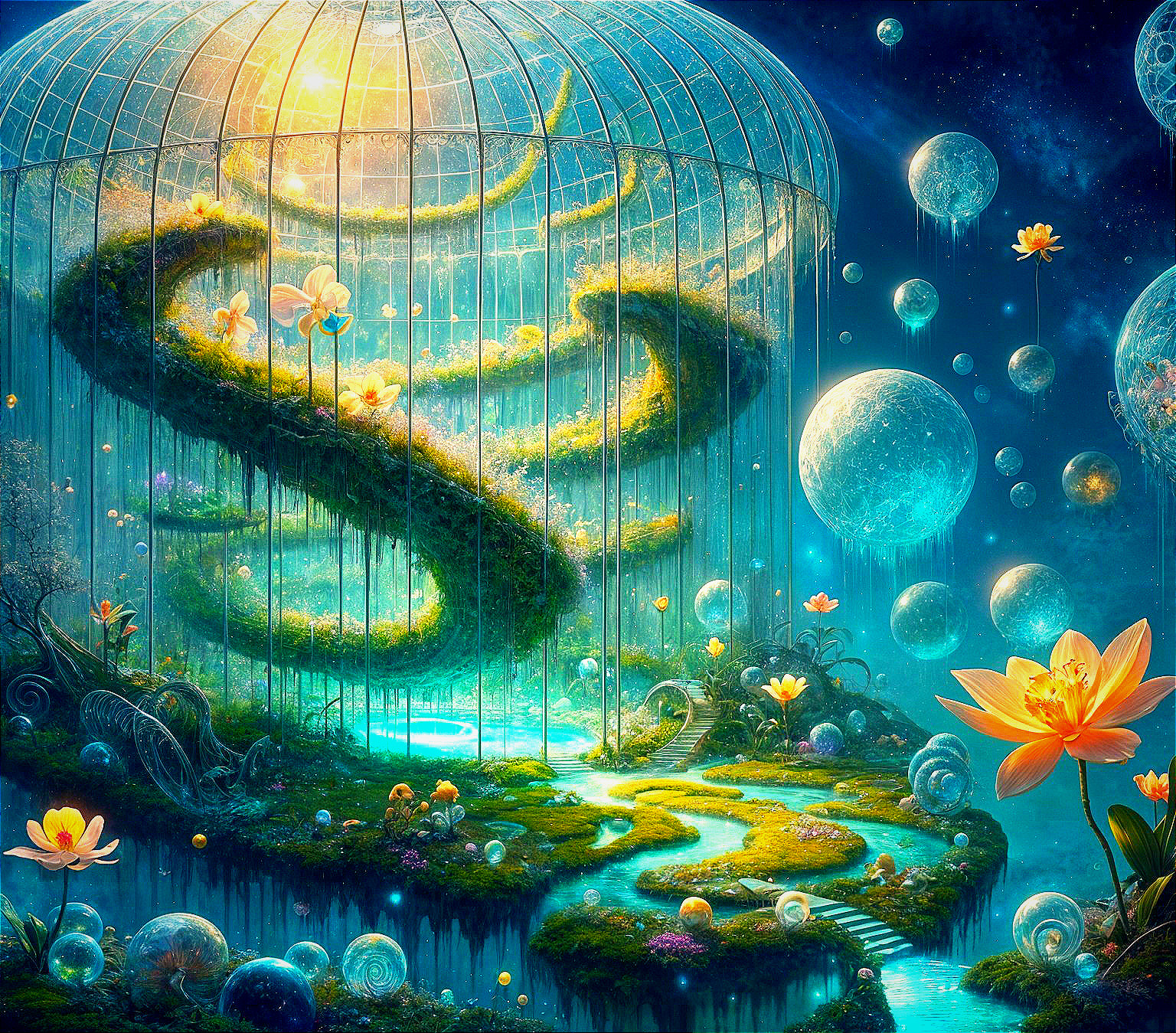 Luminous Garden Within a Glass Dome with Waterway