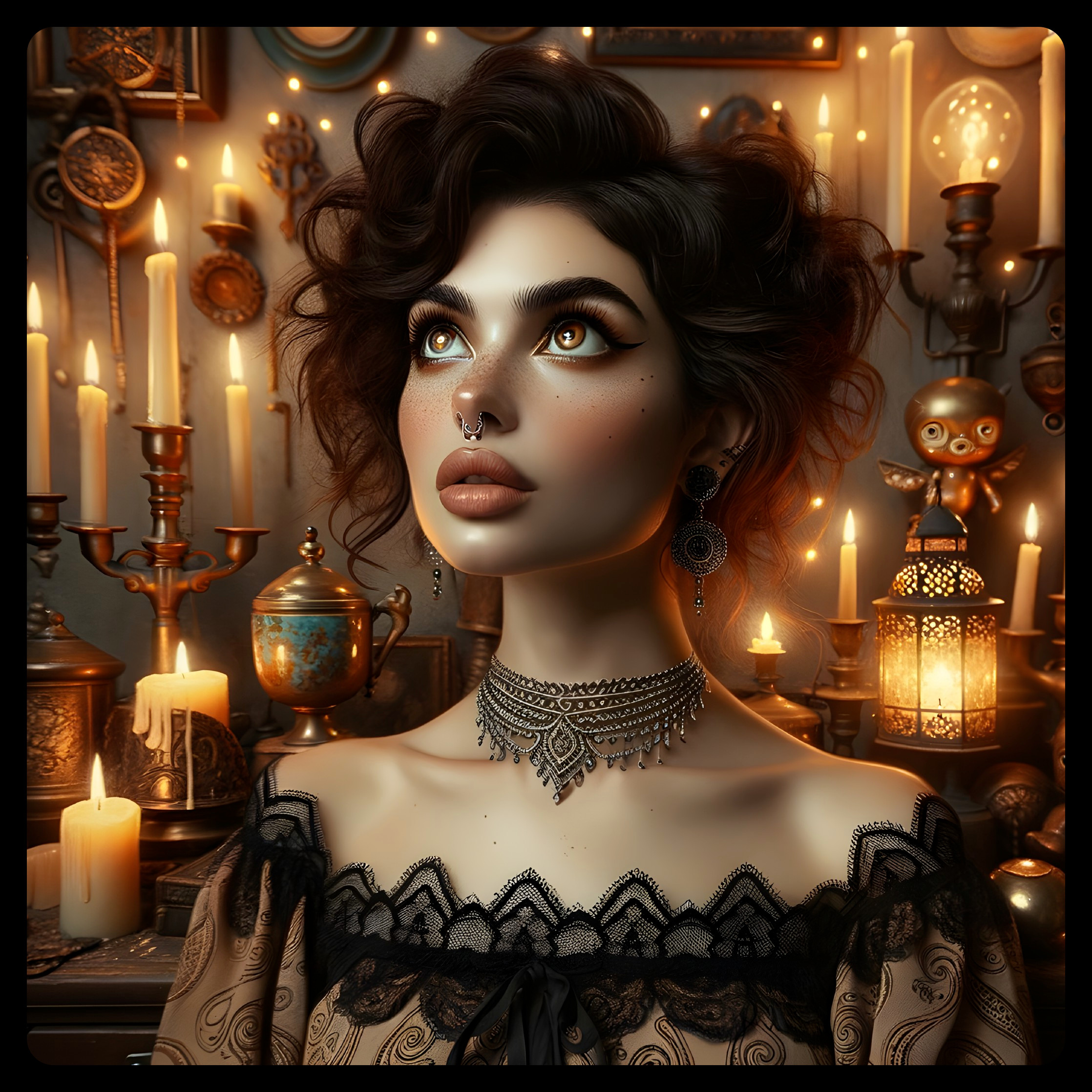 Woman in vintage lace dress with intricate jewelry