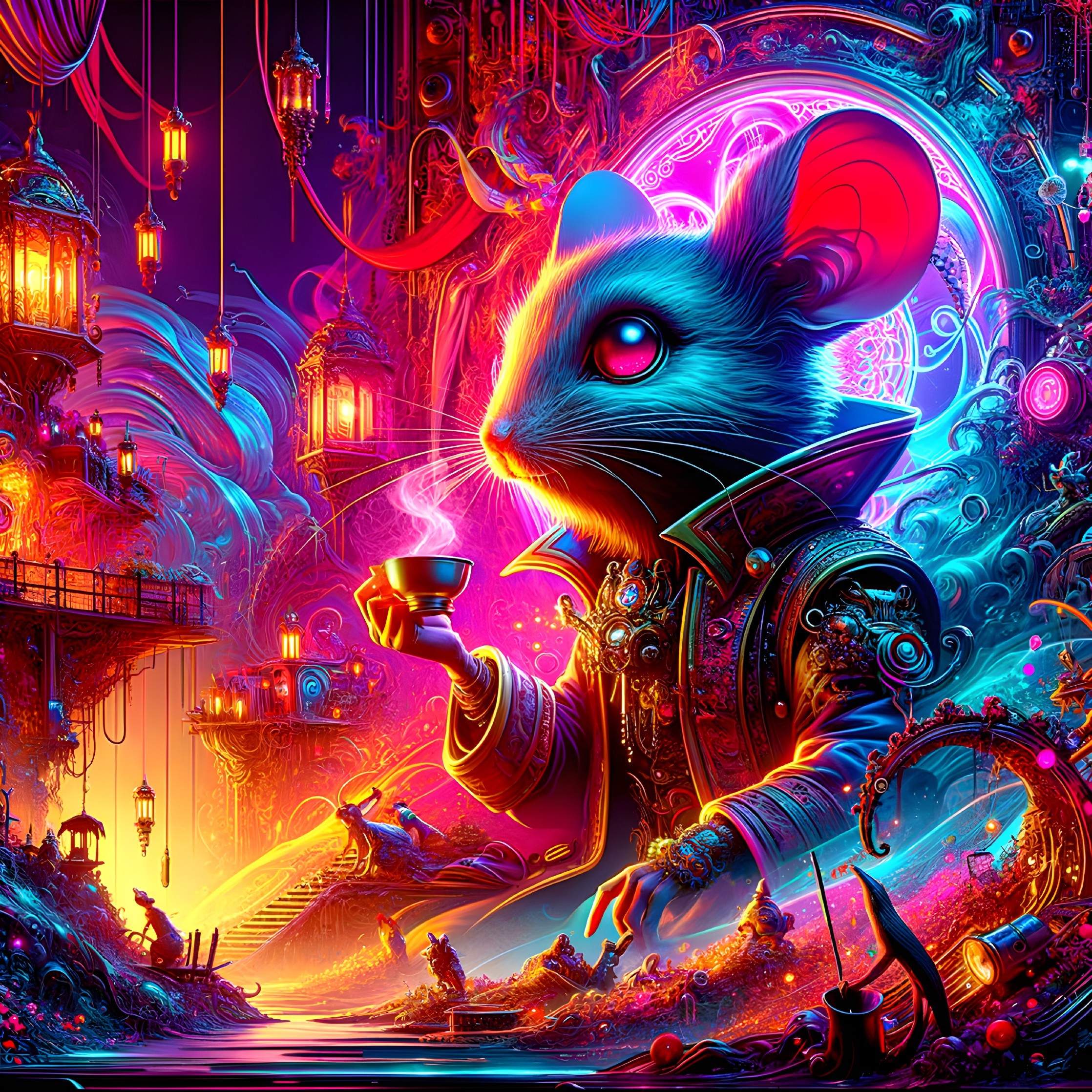 Vibrant Neon Scene with Charismatic Mouse in Fantasy Realm