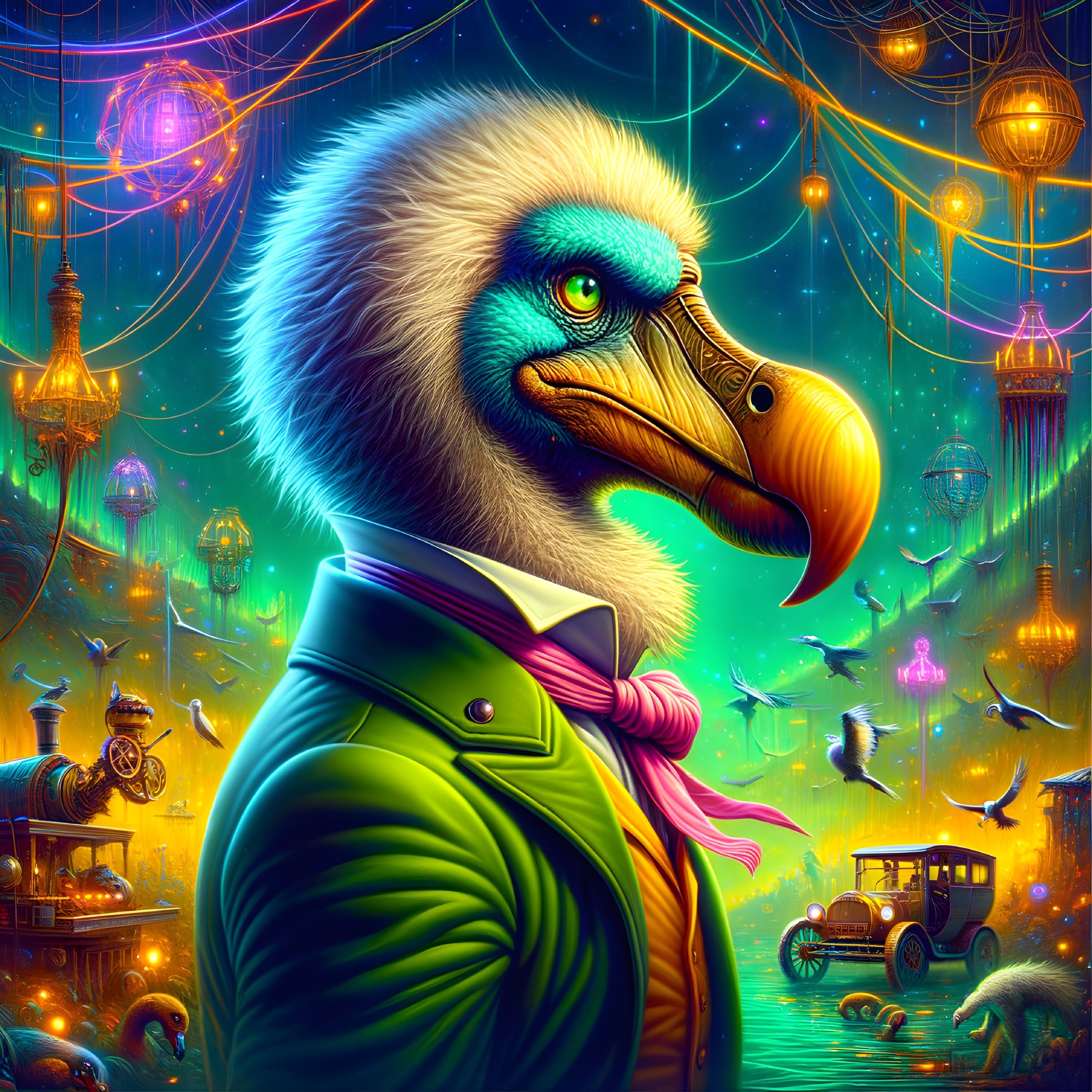 Vibrant Dodo-like Creature in Whimsical Steampunk Scene
