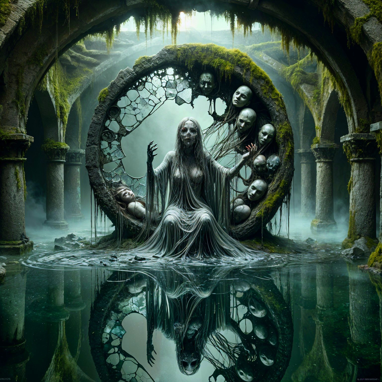 Mystical Figure in Eerie Stone Structure Surrounded by Fog
