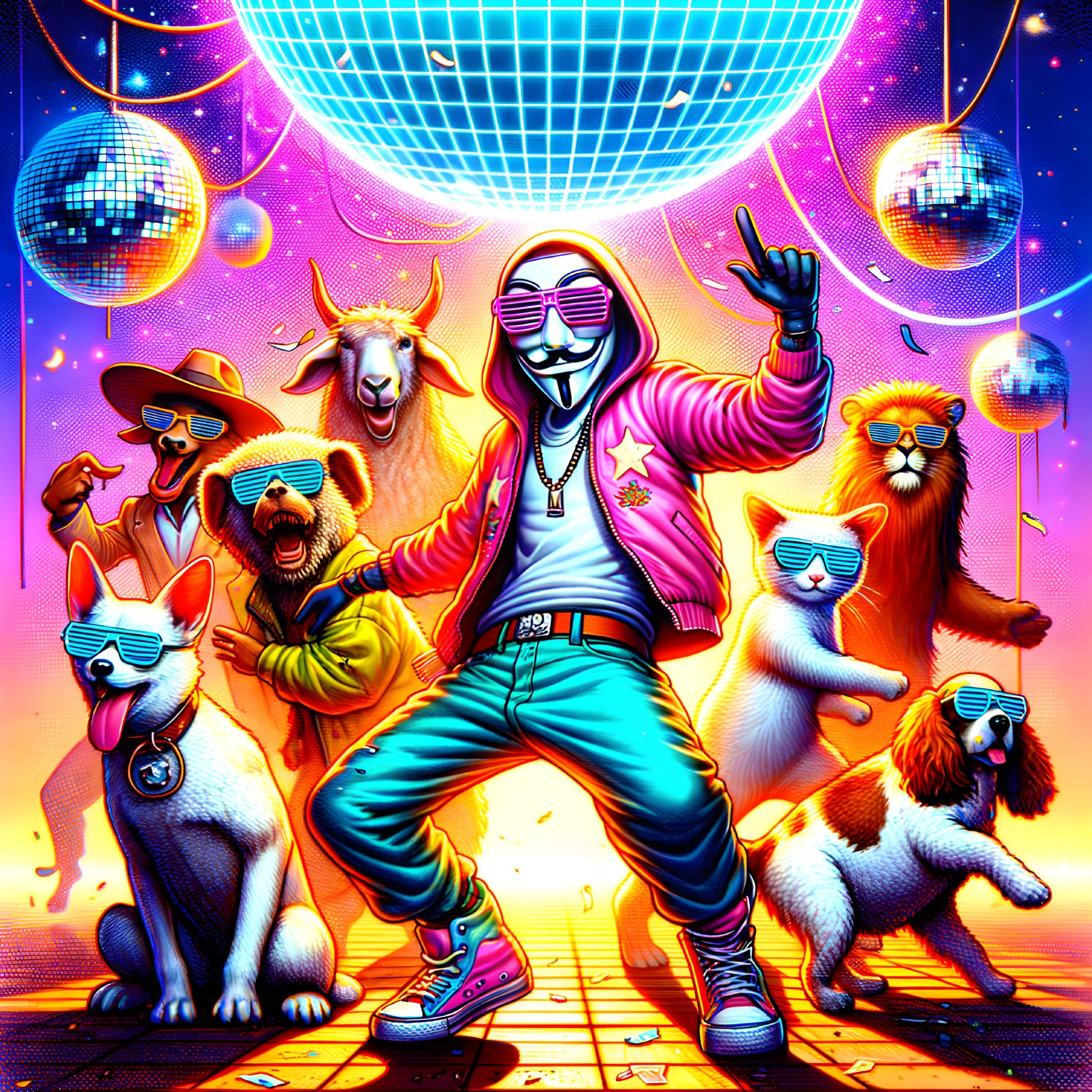 Retro Dance Scene with Animals and Disco Ball