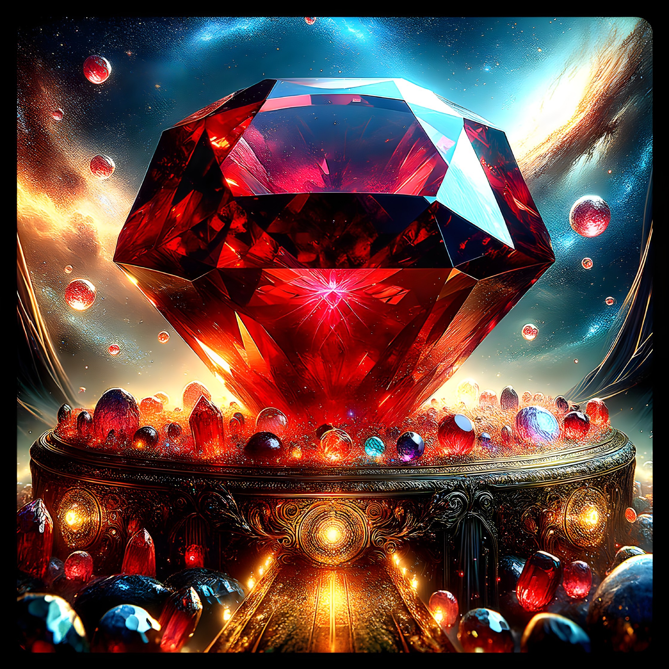 Red Gemstone on Pedestal in Cosmic Background