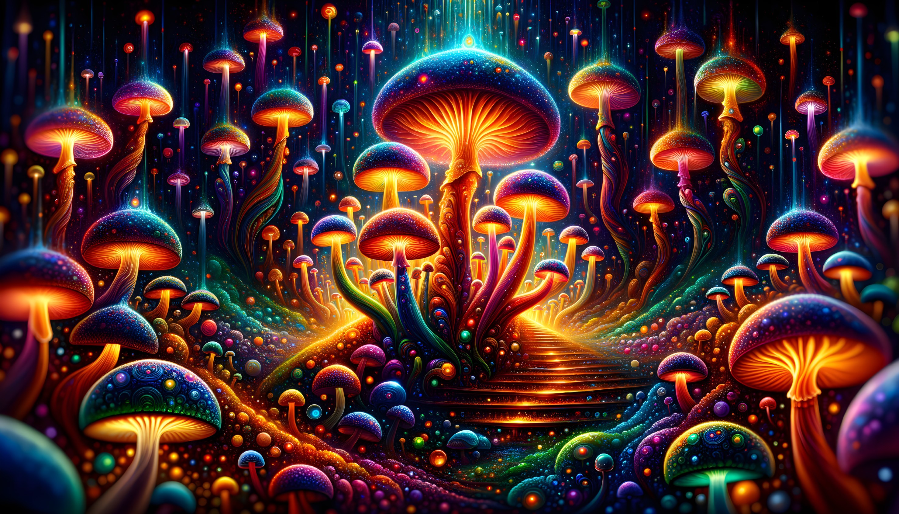 Vibrant Dreamlike Landscape with Oversized Mushrooms