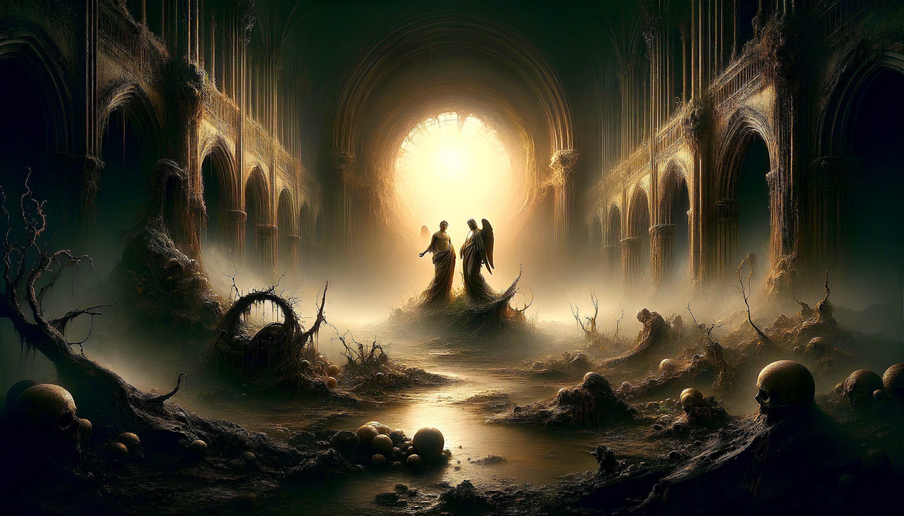 Ethereal Figures in a Mystical Cavern Landscape