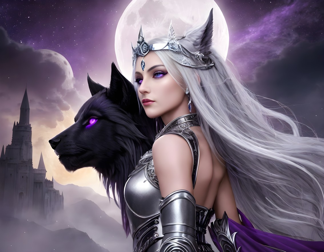 Regal figure with silver hair and mystical wolf backdrop
