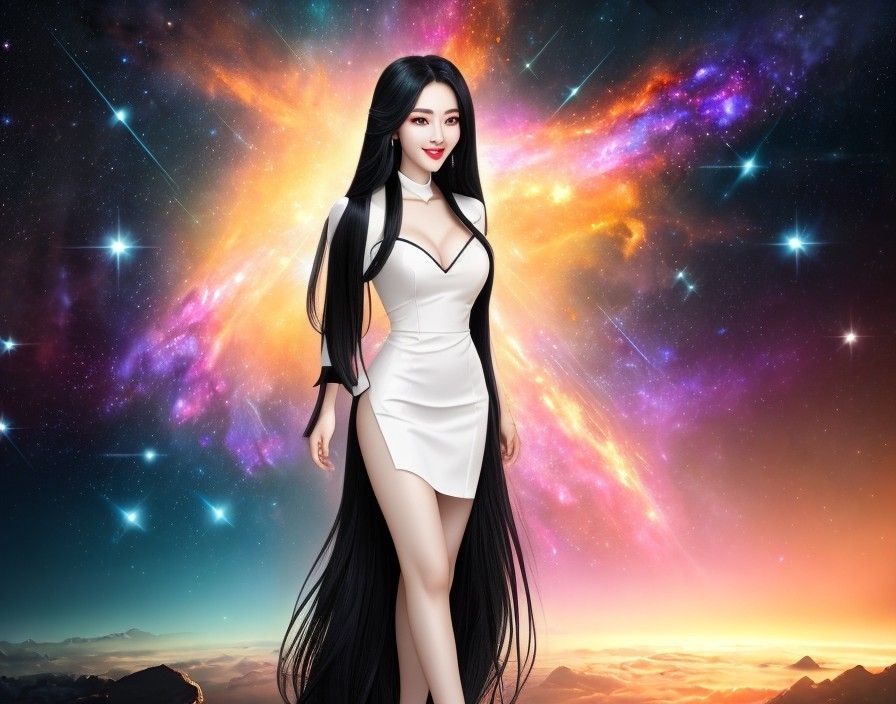 Stylized Female Figure Against Cosmic Background
