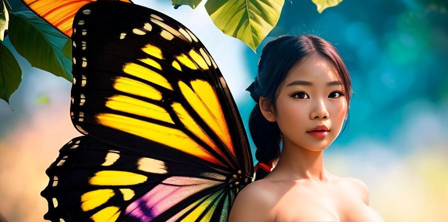 Young woman with butterfly wings in natural setting