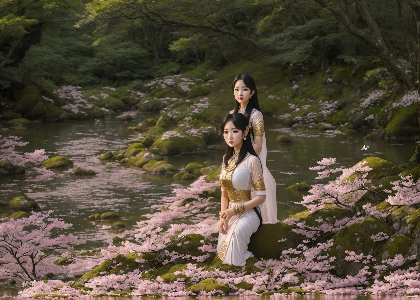 Women in Traditional Attire by a Cherry Blossom Stream