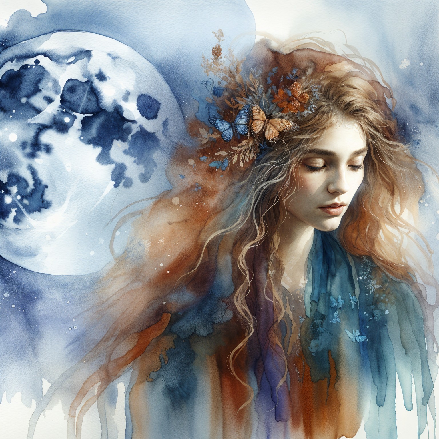 Watercolor Illustration of a Serene Young Woman