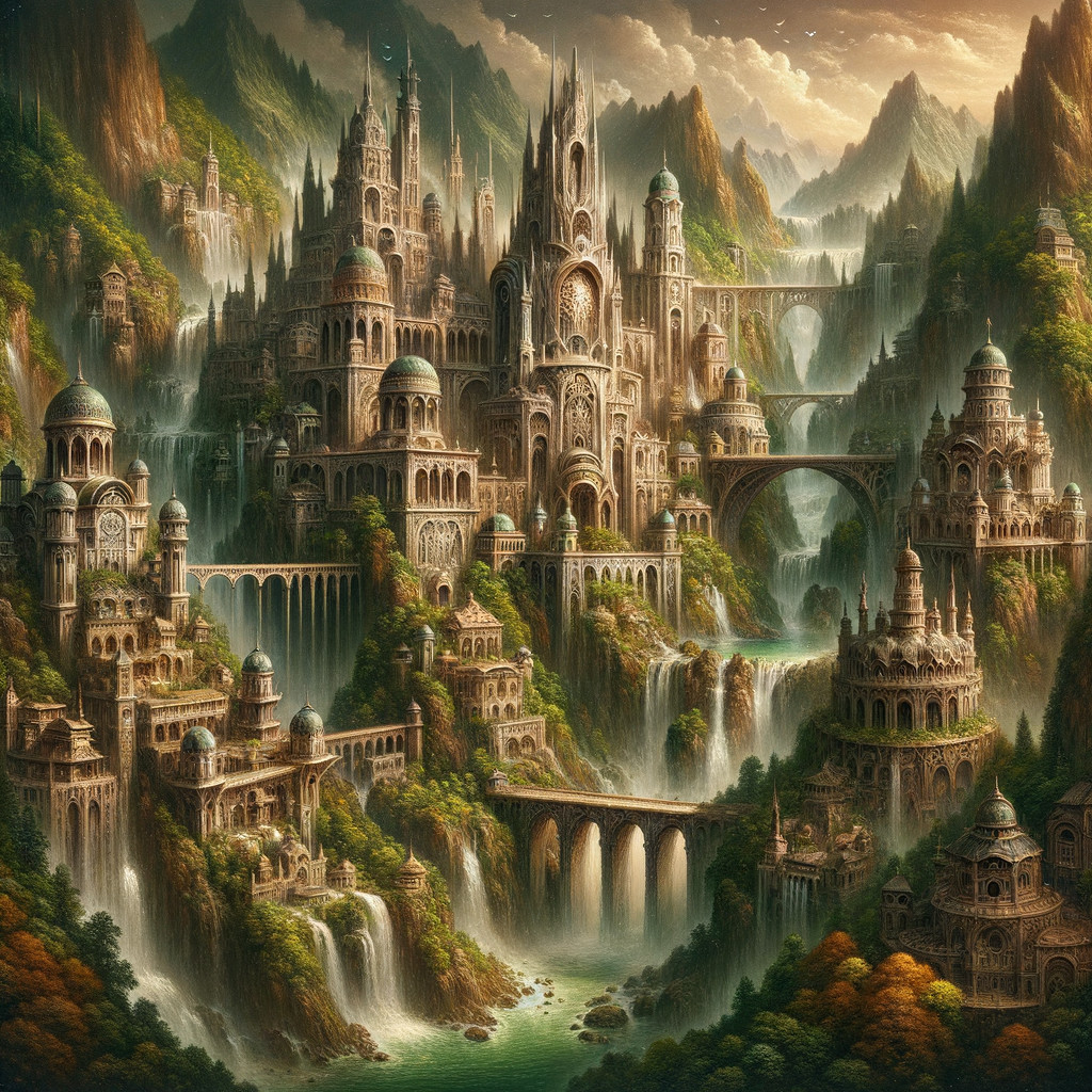 Intricate Cityscape of Waterfalls in Mountainous Landscape