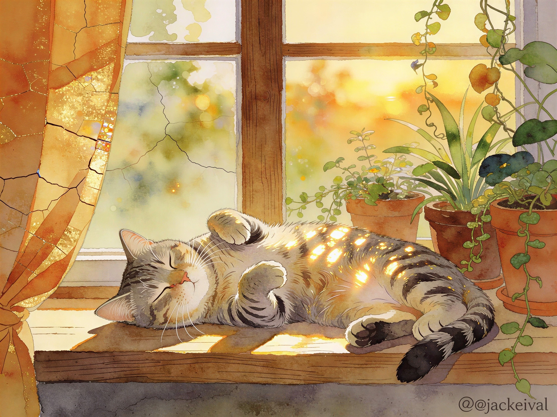 Watercolor Painting of a Sleeping Tabby Cat on Windowsill