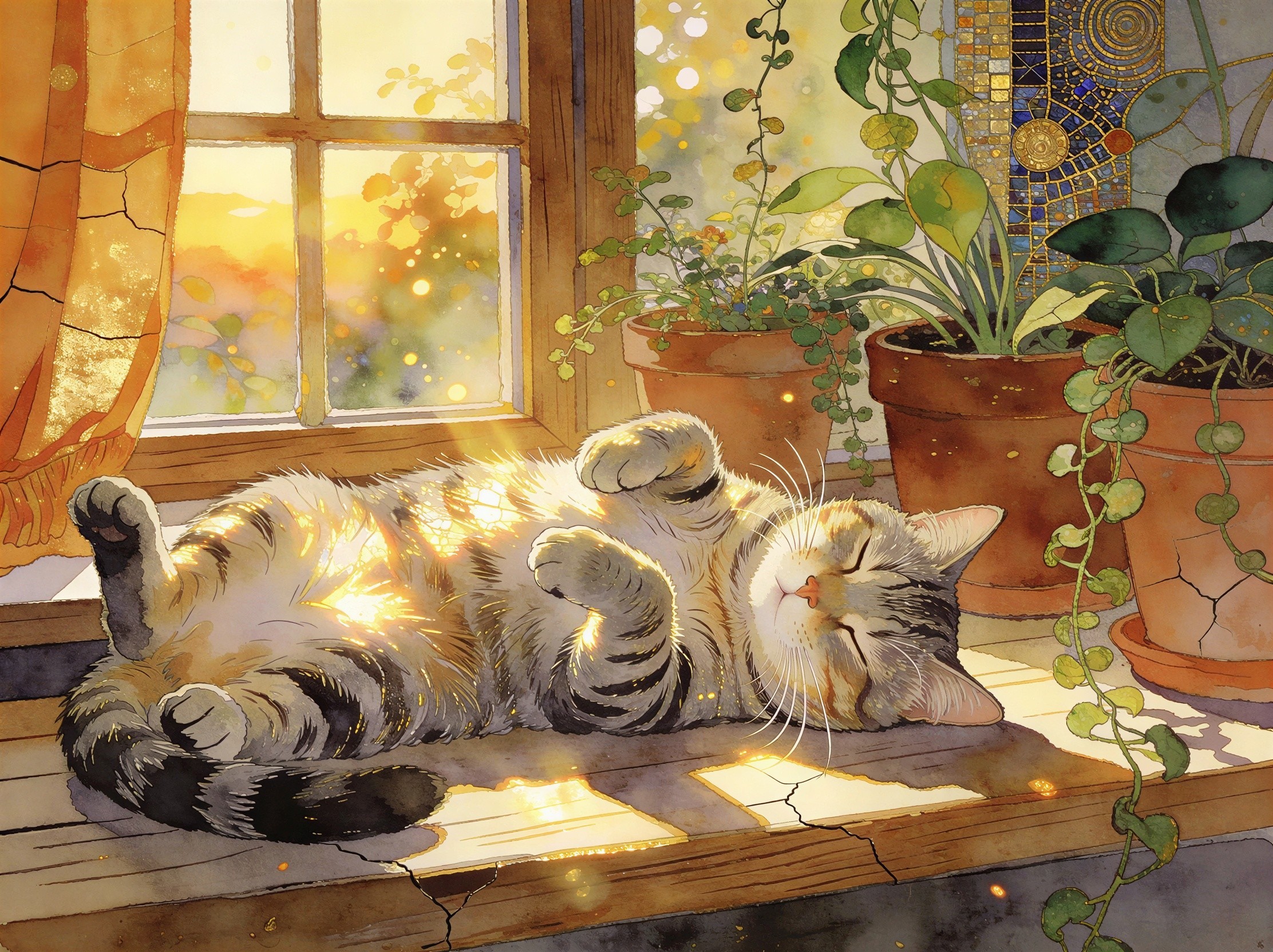 Watercolor of a sleeping tabby cat on a window sill