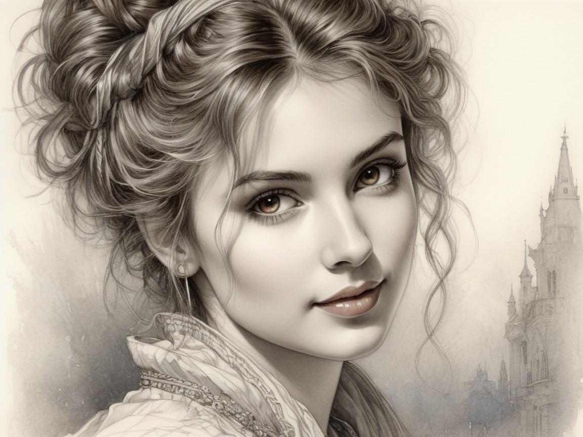 Detailed Black and White Sketch of Young Woman and Castle
