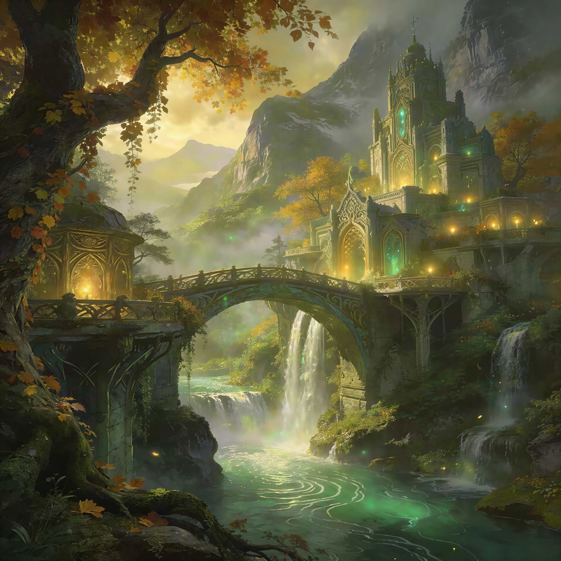 Elven Kingdom in a Lush Fantasy Landscape with Waterfalls