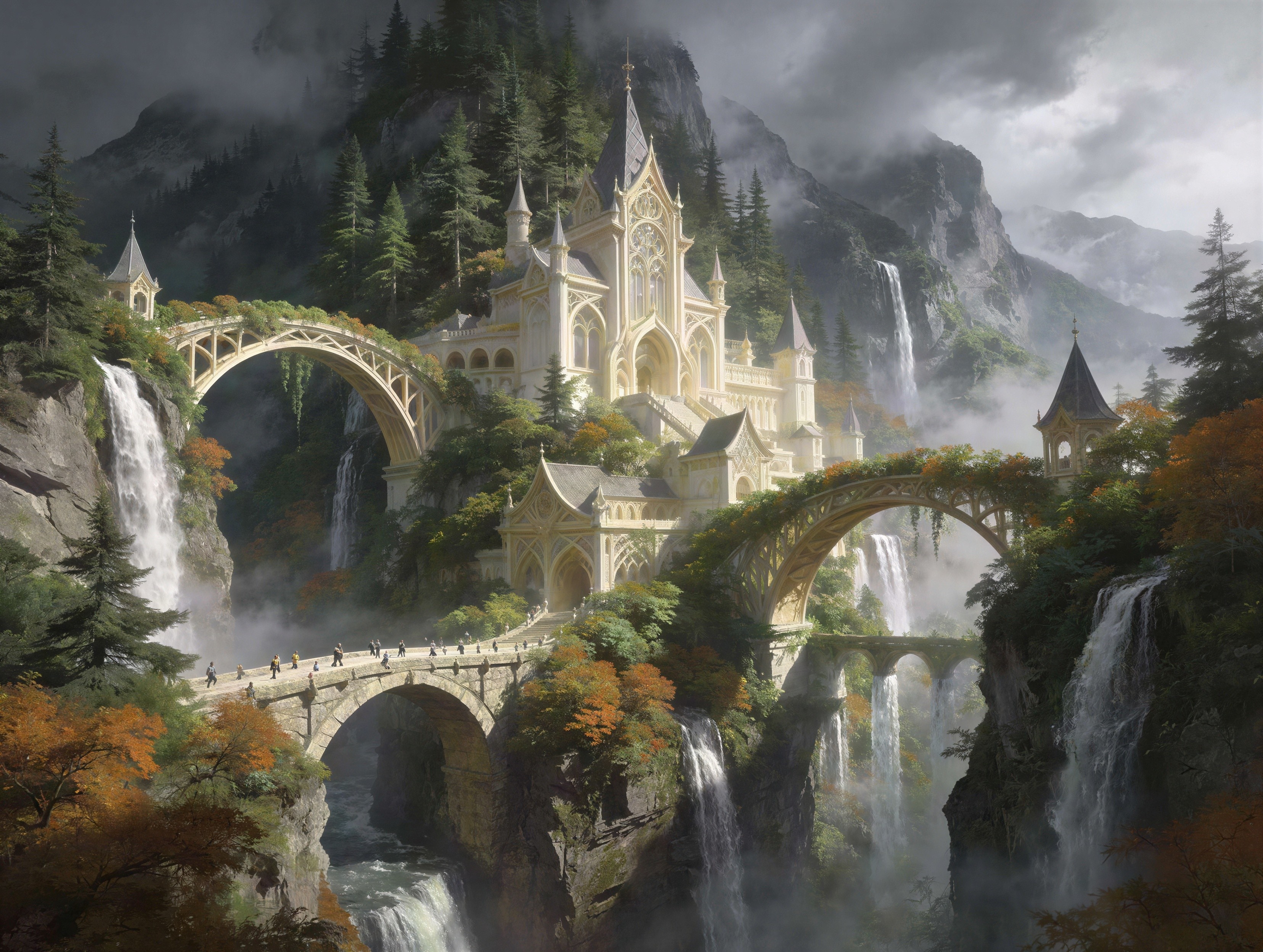 Elven Castle Complex in Lush Mountainous Landscape
