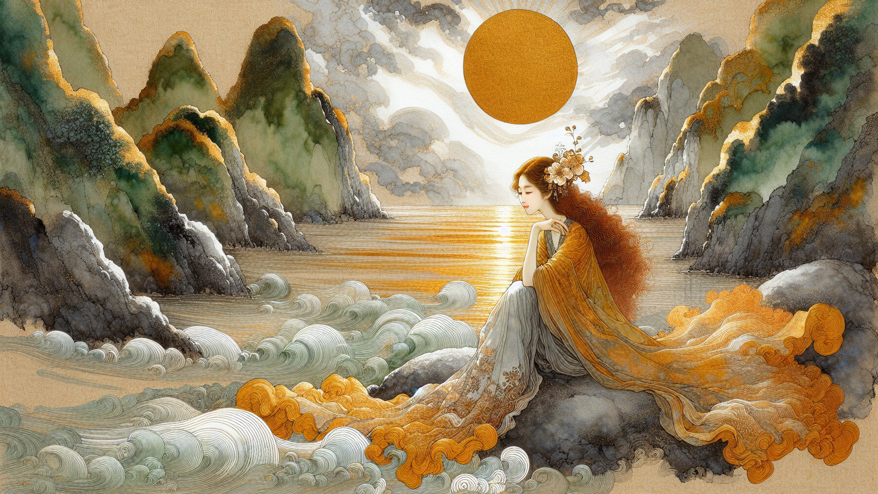 Serene Landscape with Woman on Rocky Shore