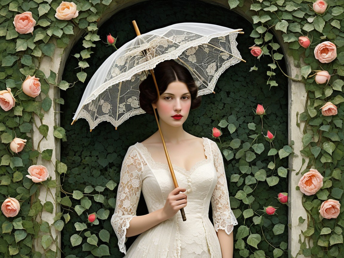 Young Woman in Vintage Lace Gown Under Parasol