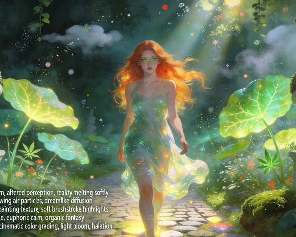 Lush Fantasy Garden with Overgrown Statues and Path