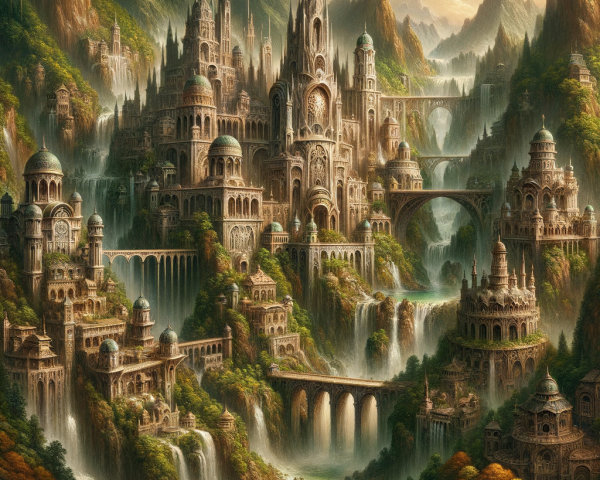 Intricate Cityscape of Waterfalls in Mountainous Landscape