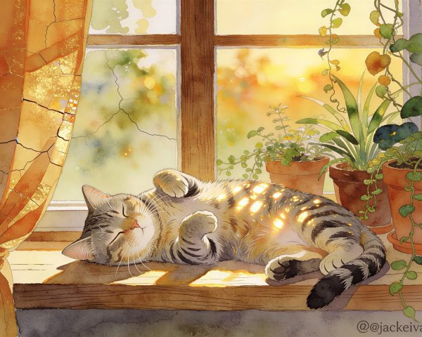 Watercolor Painting of a Sleeping Tabby Cat on Windowsill