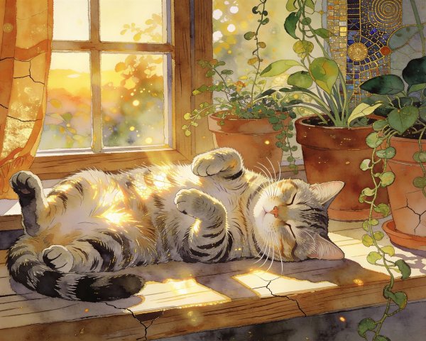 Watercolor of a sleeping tabby cat on a window sill