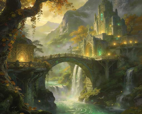 Elven Kingdom in a Lush Fantasy Landscape with Waterfalls