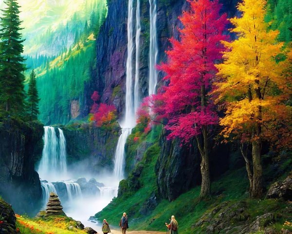 Vibrant Fantasy Landscape with Waterfalls and Forests