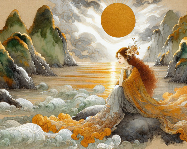 Serene Landscape with Woman on Rocky Shore