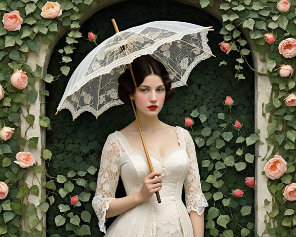 Young Woman in Vintage Lace Gown Under Parasol