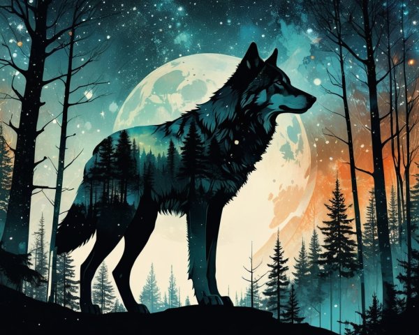 Wolf Silhouetted Against Vibrant Night Sky and Moon