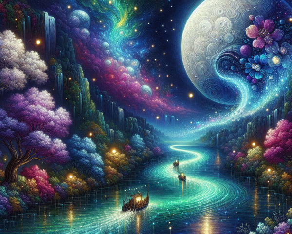 Surreal Landscape with Illuminated River and Waterfalls
