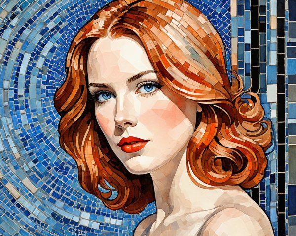 Stylized portrait of a woman with red hair and blue eyes