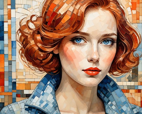 Mosaic Portrait of Woman with Red Curls and Blue Eyes