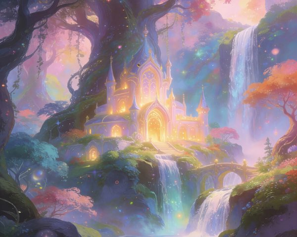 Whimsical Fantasy Landscape with Ethereal Castle
