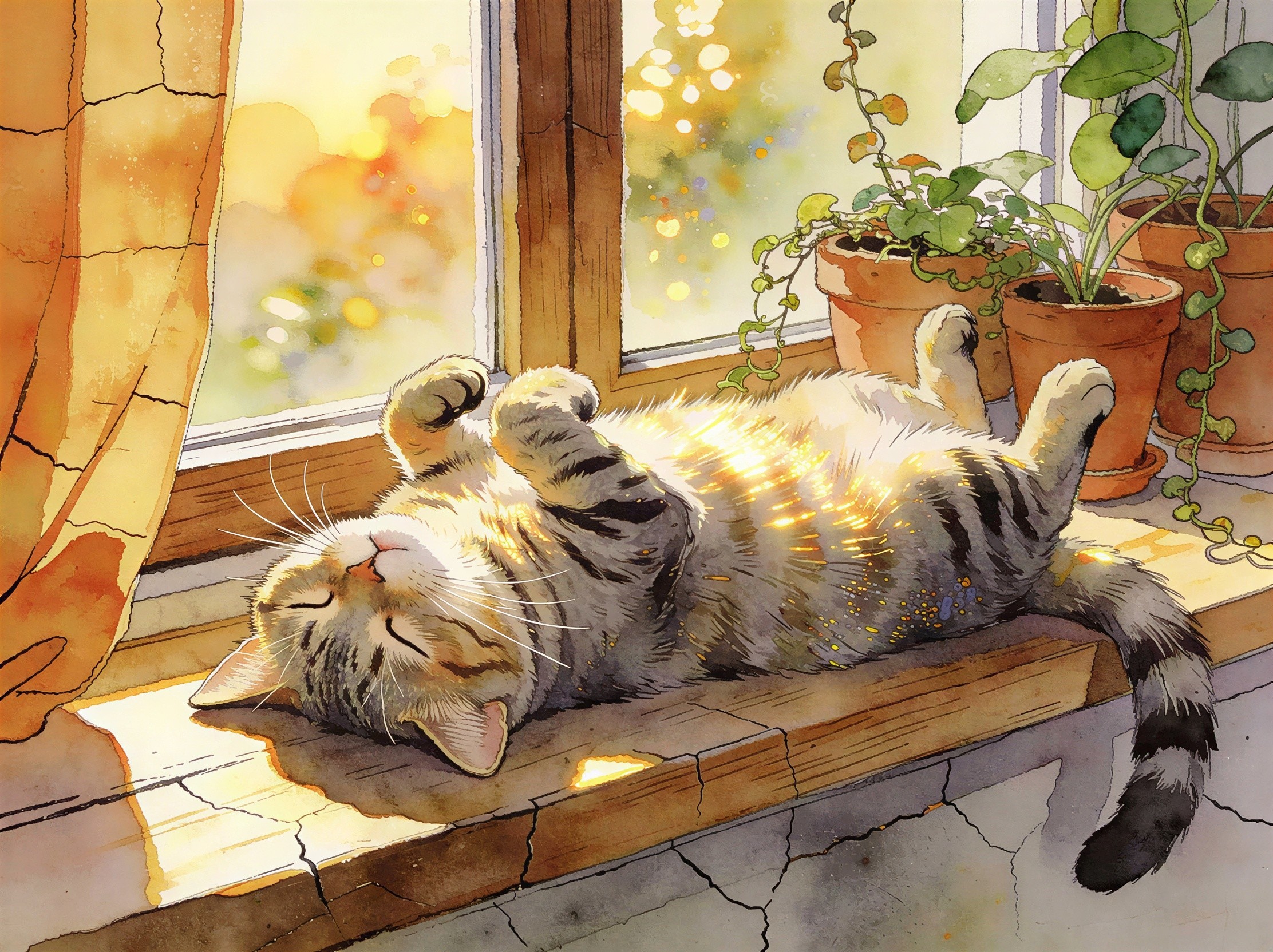 Watercolor Painting of a Sleeping Tabby Cat on Windowsill