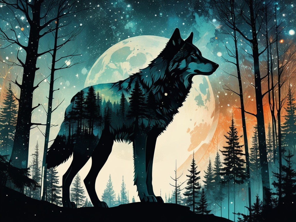 Wolf Silhouetted Against Vibrant Night Sky and Moon
