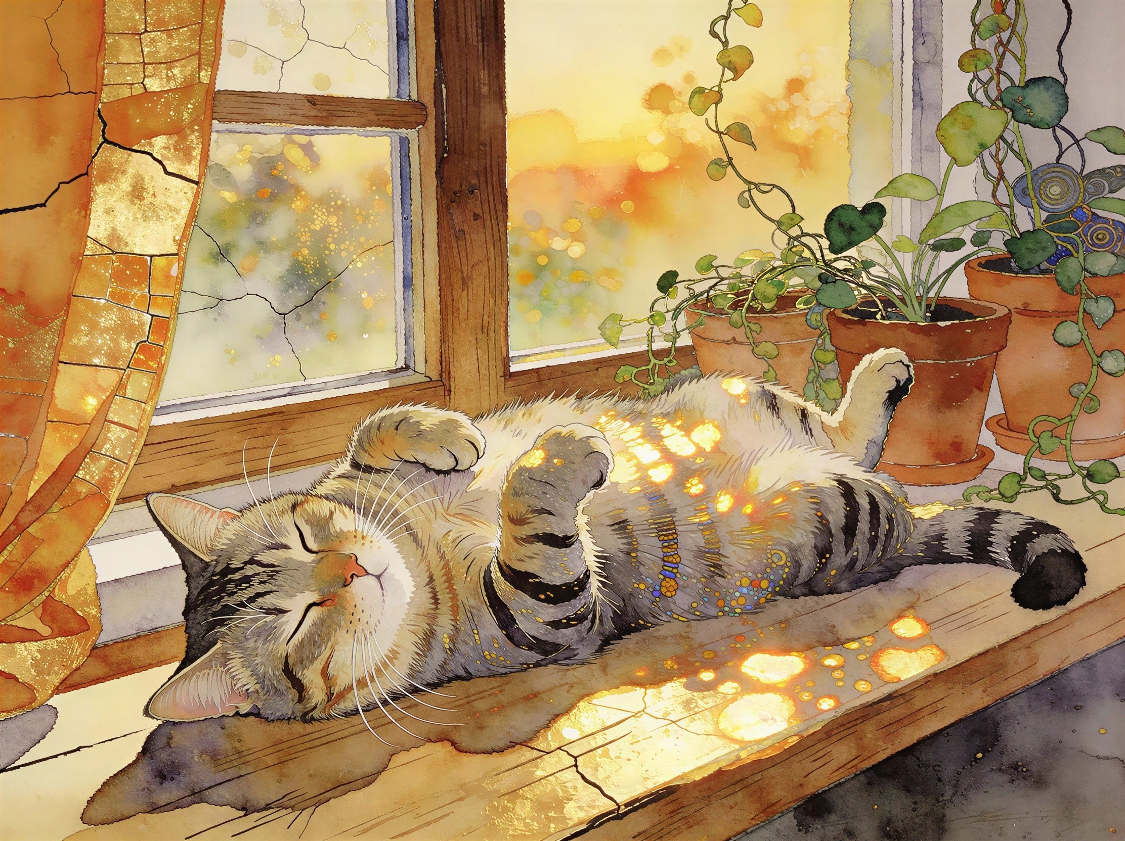 Watercolor of a sleeping tabby cat on a windowsill
