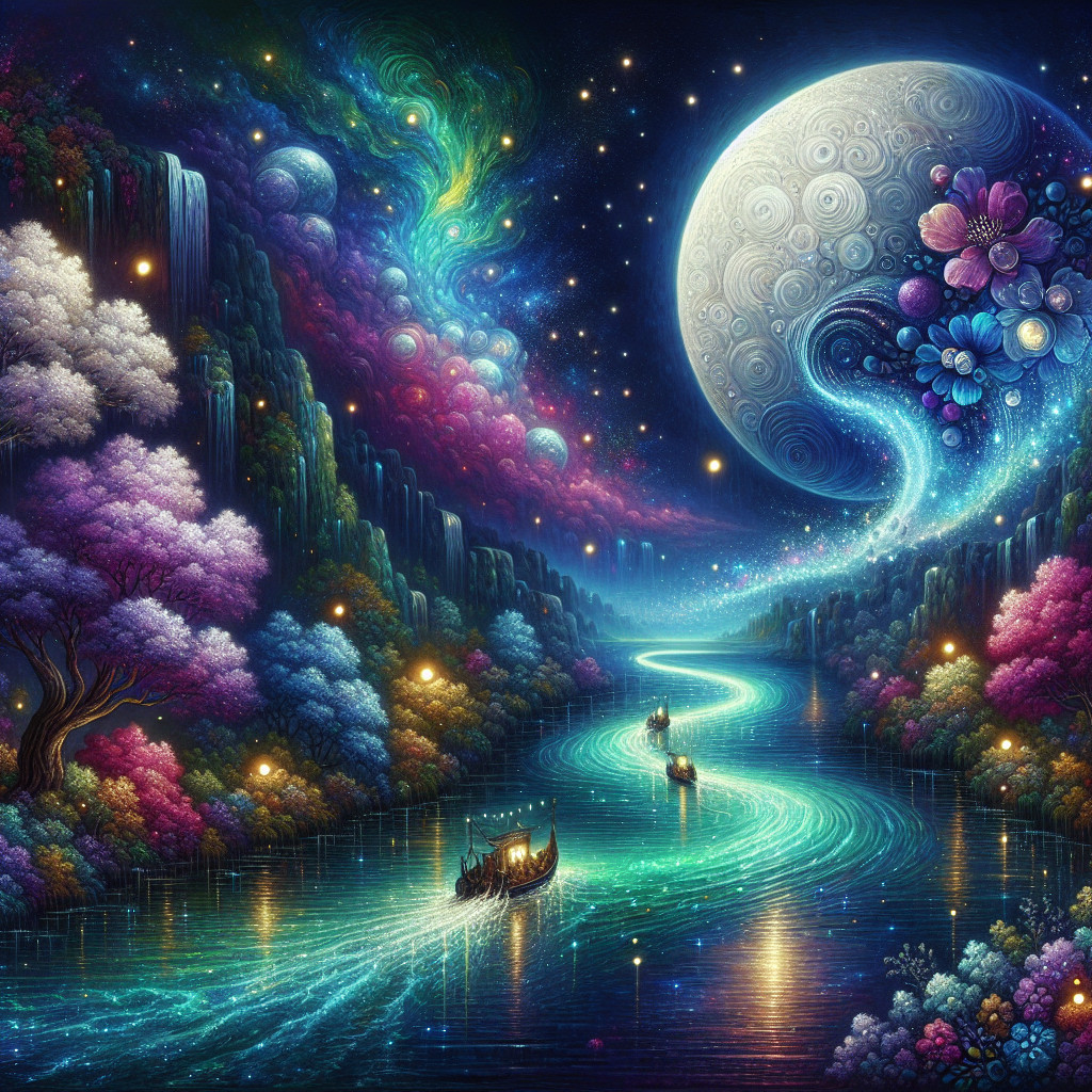 Surreal Landscape with Illuminated River and Waterfalls