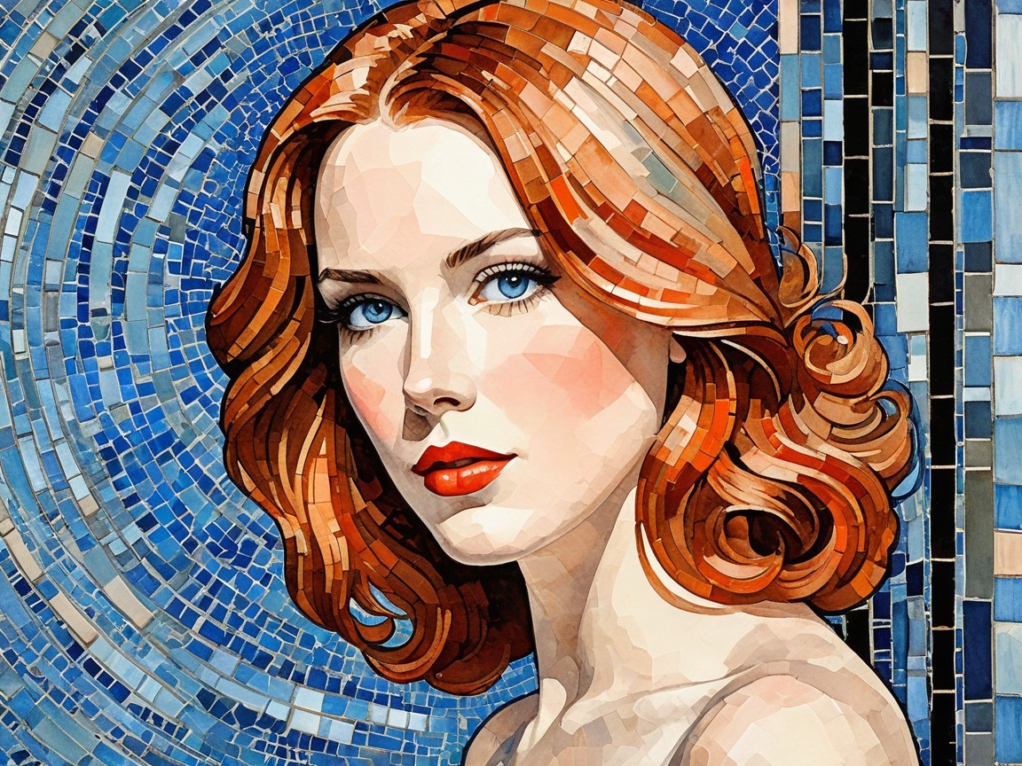 Stylized portrait of a woman with red hair and blue eyes