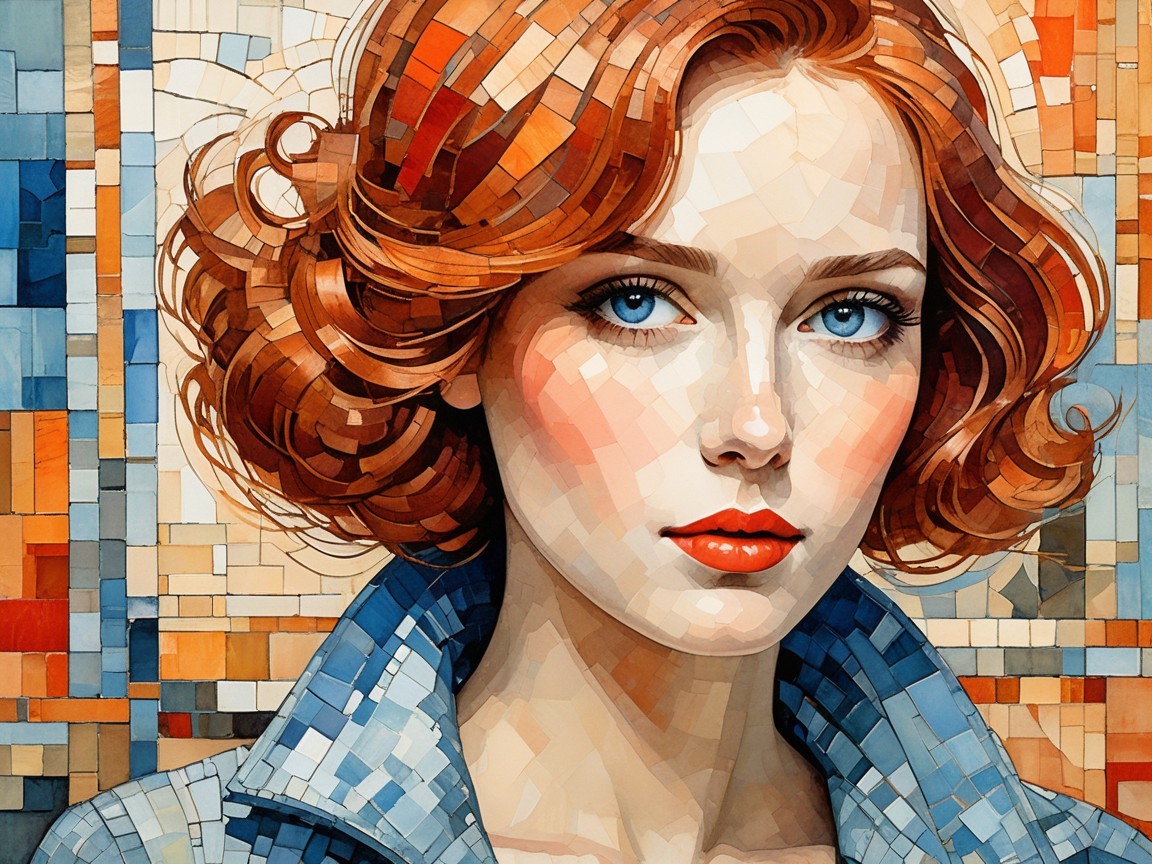 Mosaic Portrait of Woman with Red Curls and Blue Eyes