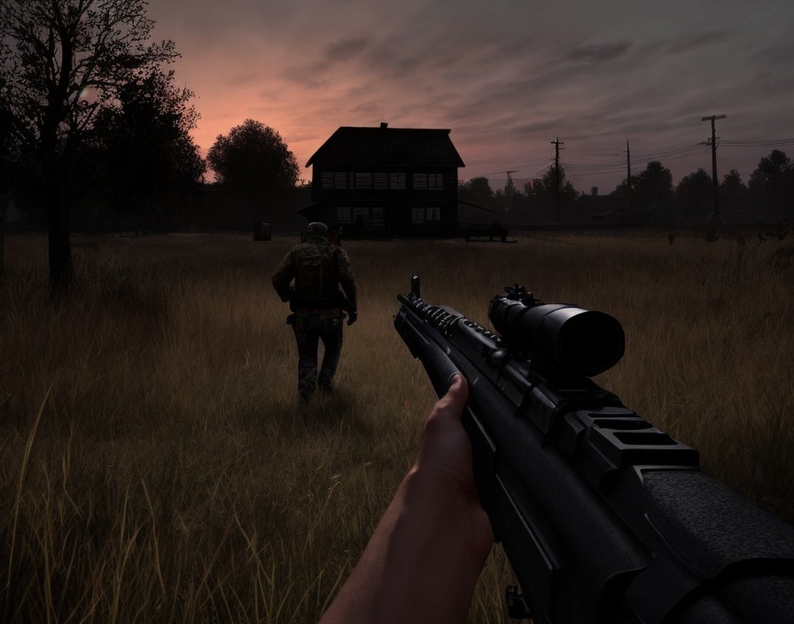 Soldier Approaching House in Eerie Dusk Setting