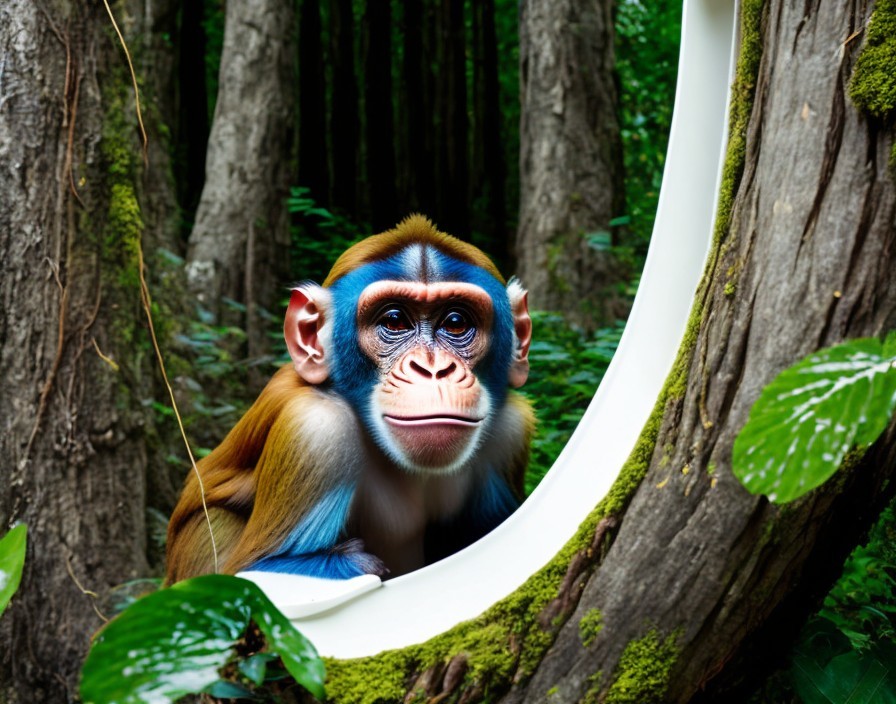 Colorful Monkey with Blue and Orange Fur in Forest