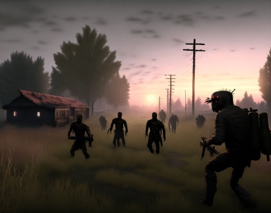 Dark Zombie Scene in Foggy Post-Apocalyptic Landscape
