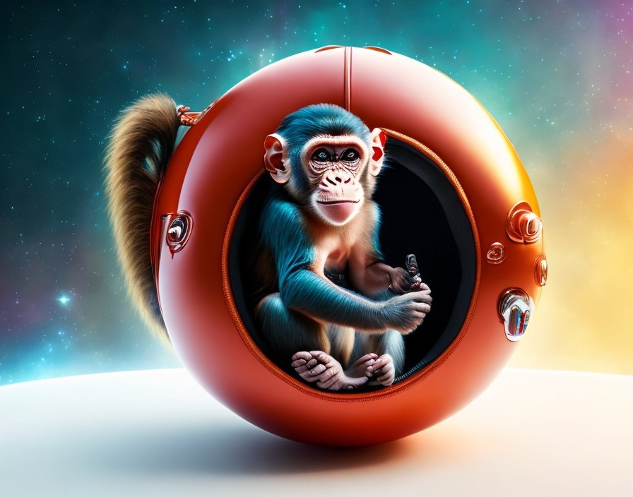 Cartoon Monkey in Orange Space Pod with Cosmic Background