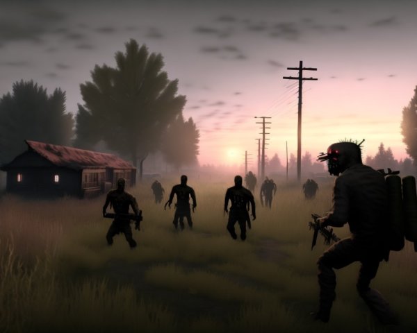 Dark Zombie Scene in Foggy Post-Apocalyptic Landscape