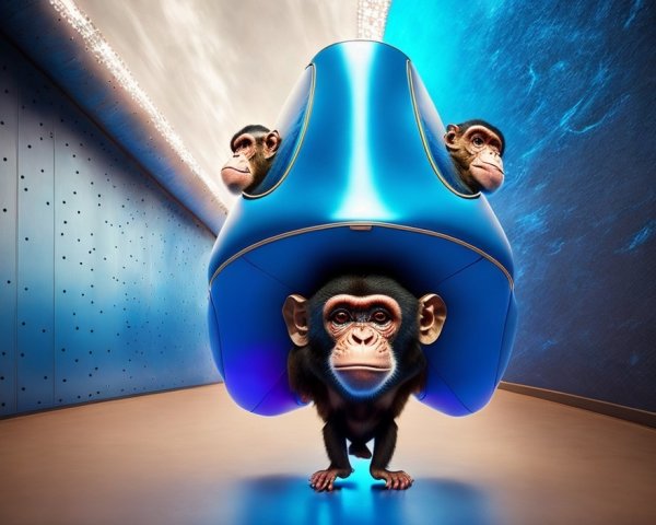 Futuristic Scene with Chimpanzees in Blue Capsule