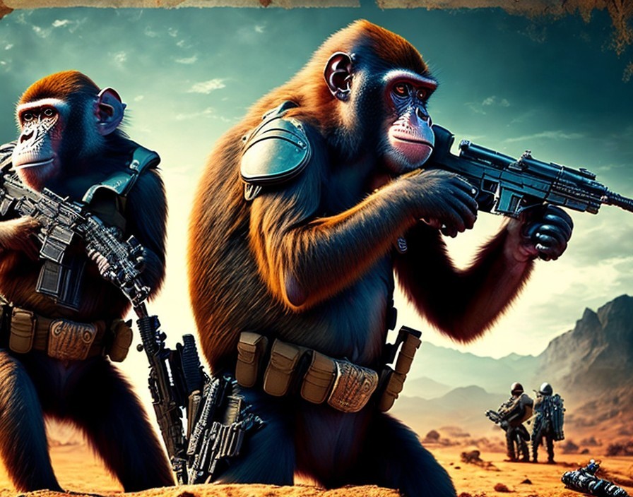 Armored Monkeys with Rifles in Desert Terrain